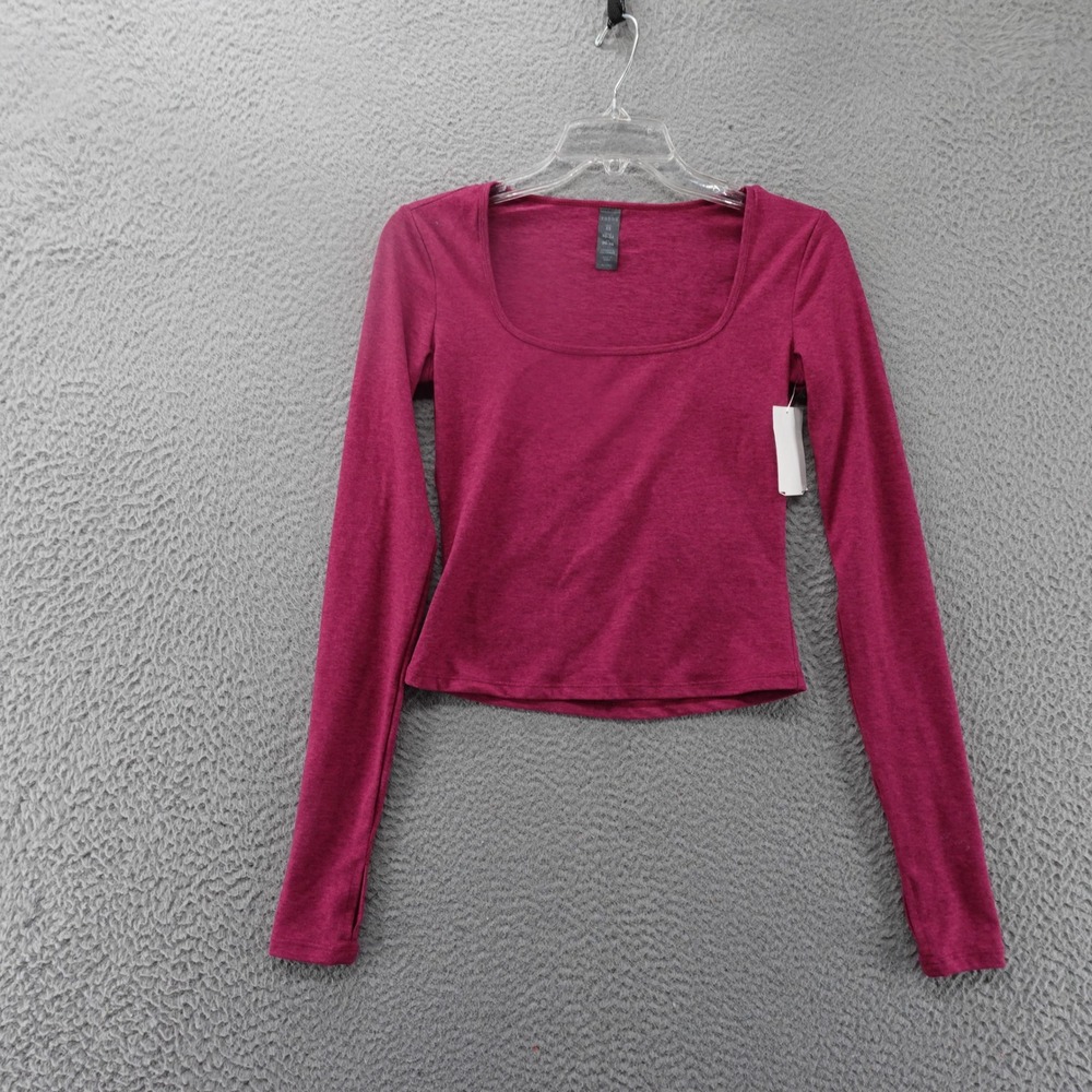 Zobha Womens XS Square Neck Cropped Long Sleeve Top Berry Heathered Activ NEWr